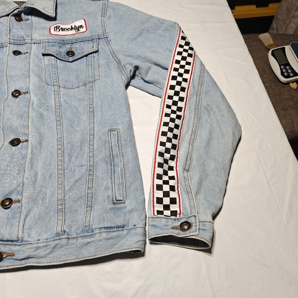 Brooklyn Cloth Denim Jacket Women’s Small Blue Checkered Skater Y2K Grunge - Picture 3 of 14